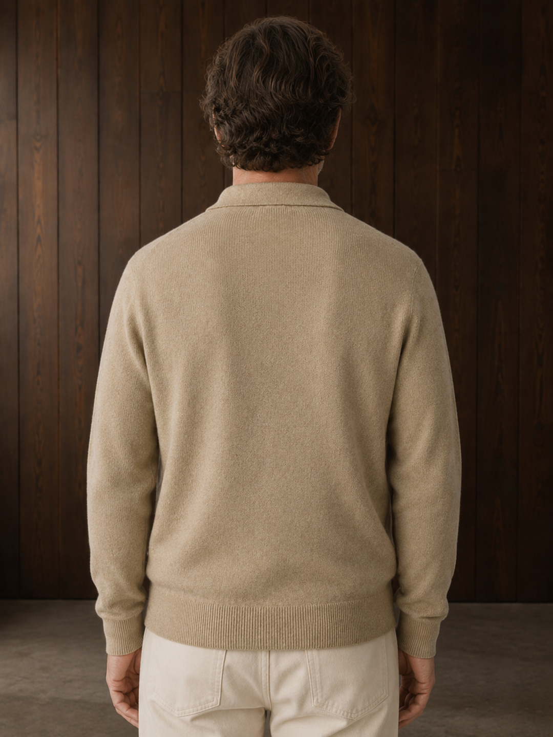Lapel Collar Button Knit Cardigan - Beige back view