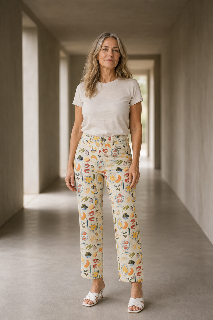 Printed Cotton Denim Straight Leg Jeans