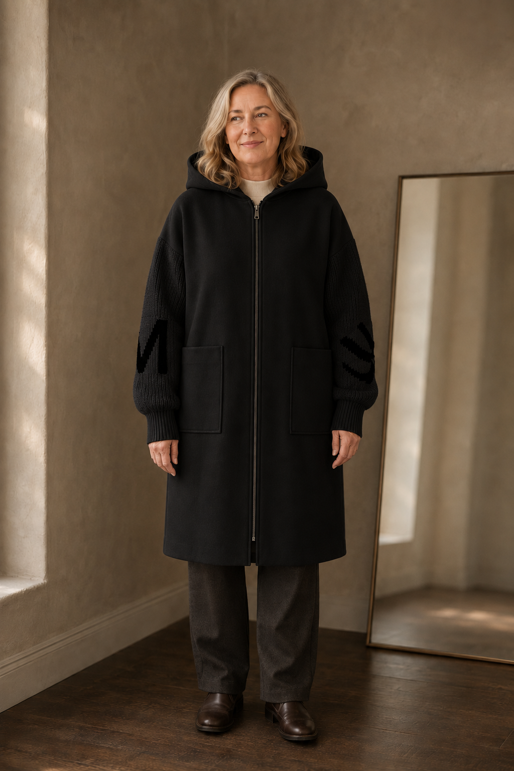 Prudence | Dense Knit Hooded Long Coat - Black