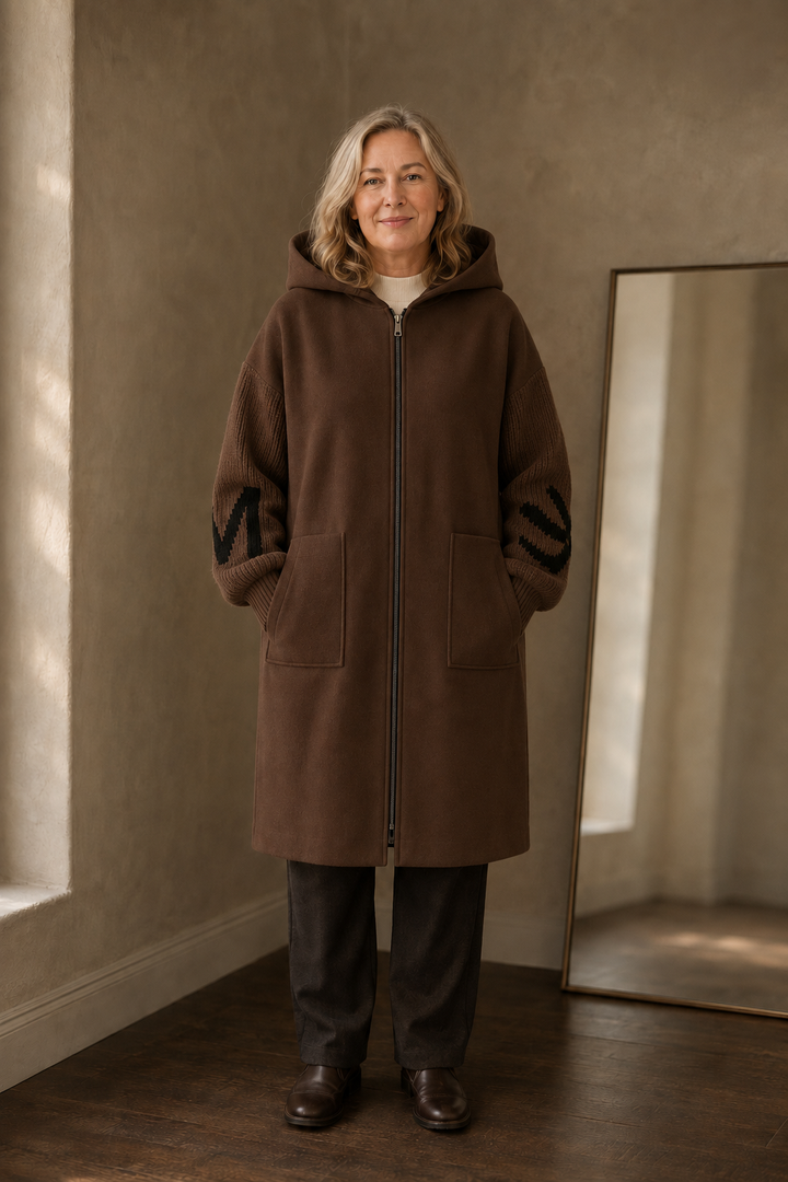 Prudence | Dense Knit Hooded Long Coat - Brown