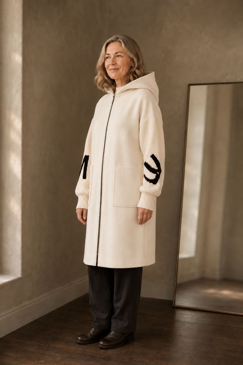 Prudence | Dense Knit Hooded Long Coat - Off White