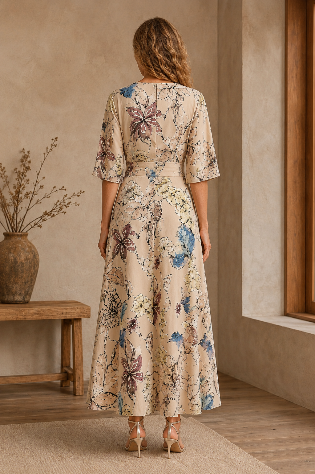 Puff Sleeve Floral Wrap Maxi Dress - back view