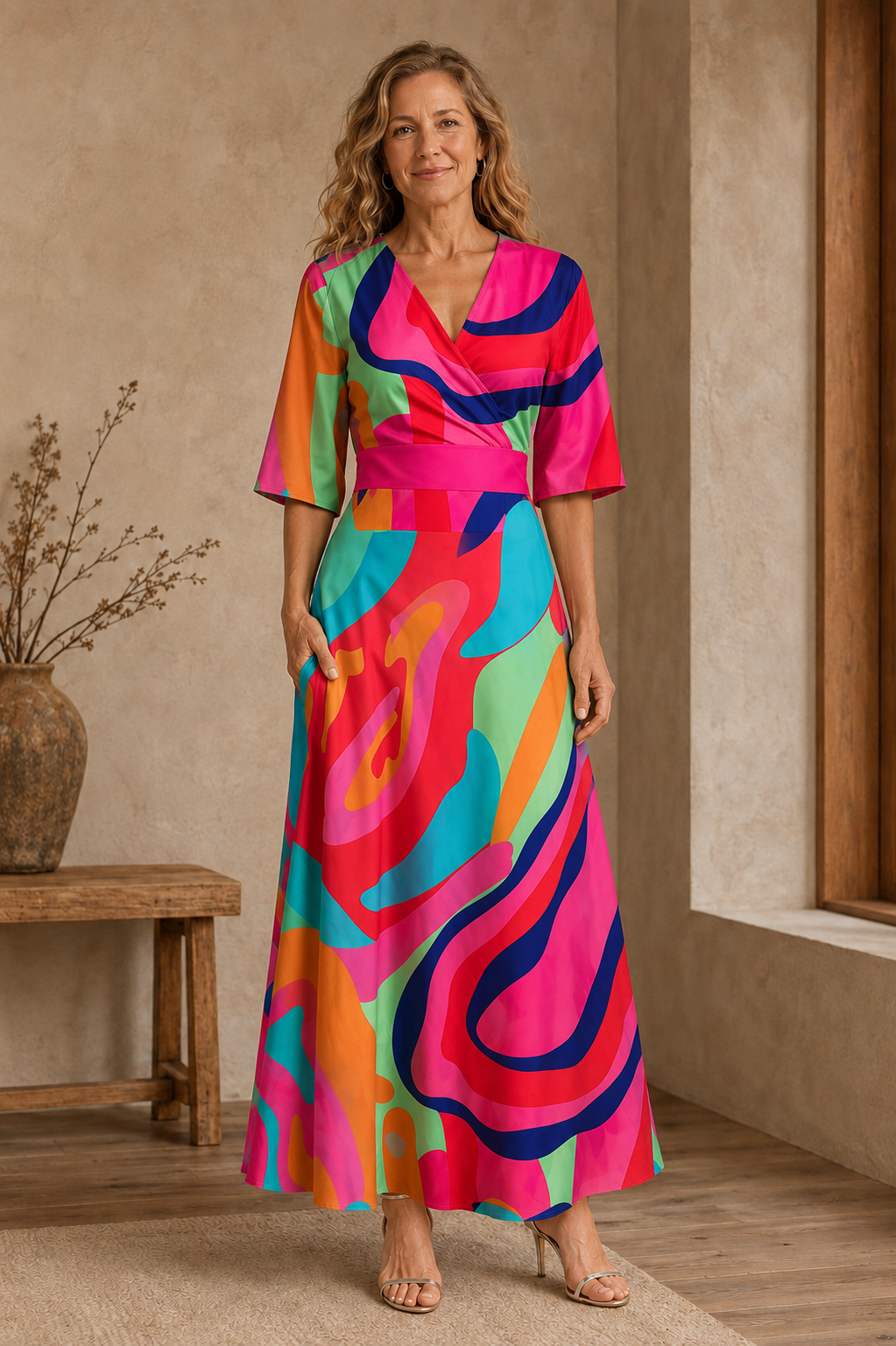 Puff Sleeve Floral Wrap Maxi Dress - Bright Pink