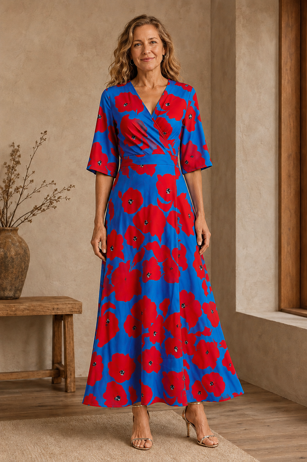 Puff Sleeve Floral Wrap Maxi Dress - Red