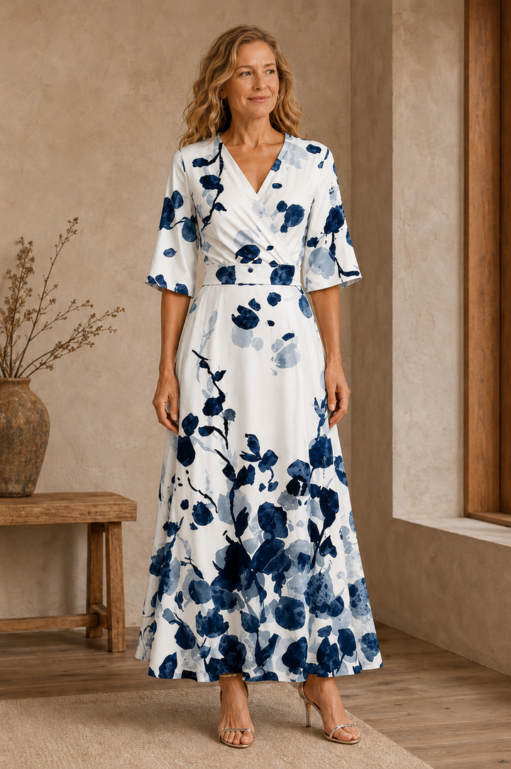 Puff Sleeve Floral Wrap Maxi Dress - White