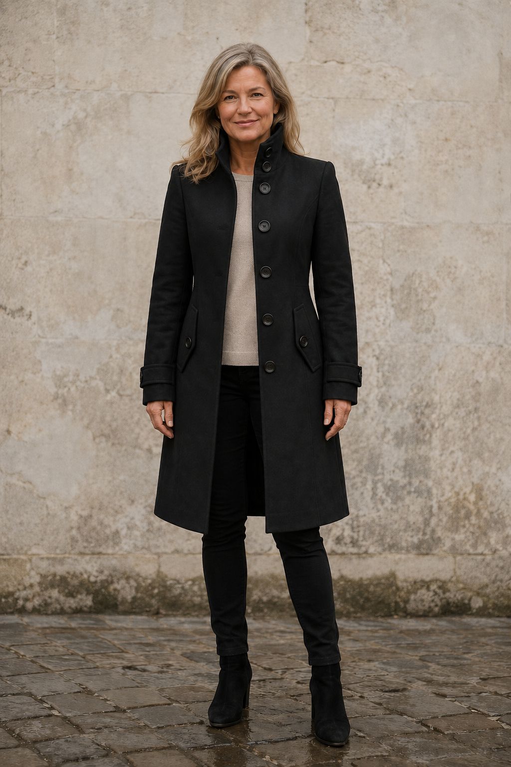 Quilted Double-Breasted Funnel Neck Coat open