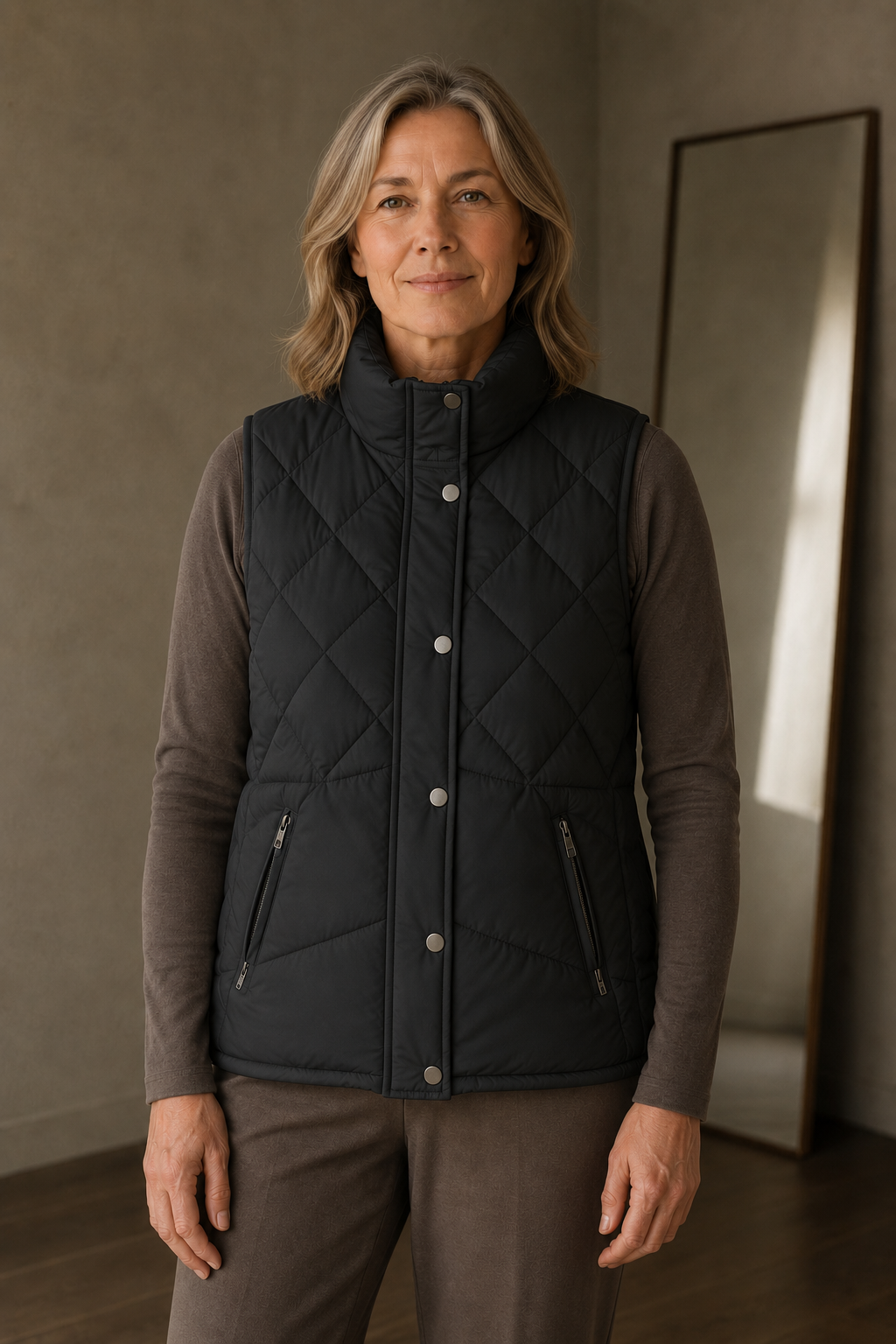 Quilted Stand Collar Vest - Black