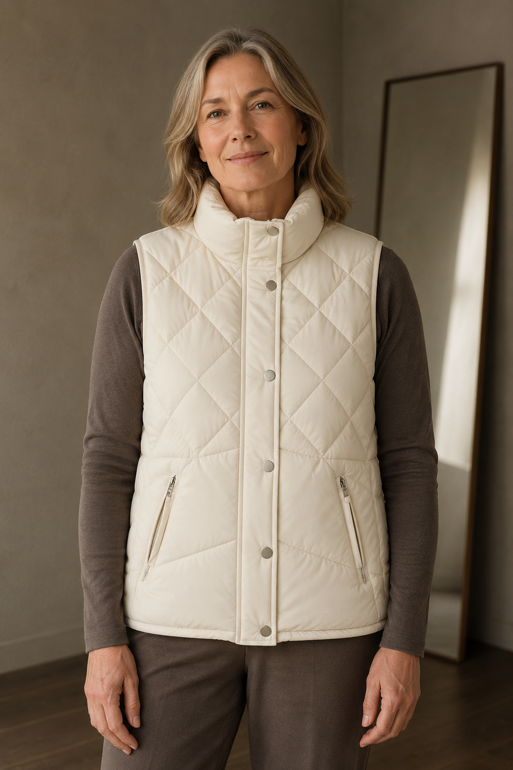 Quilted stand collar vest closed