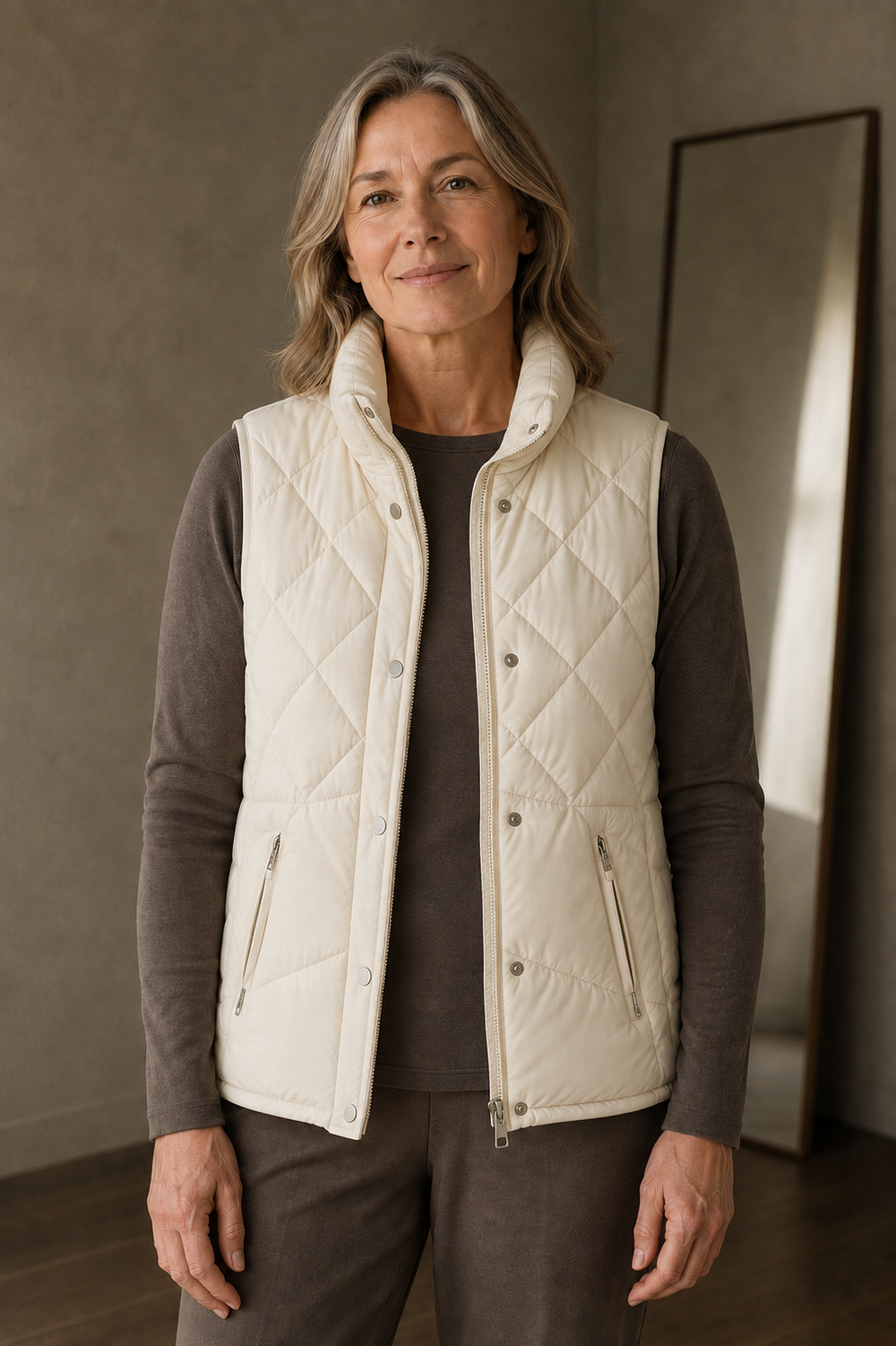 Quilted stand collar vest open