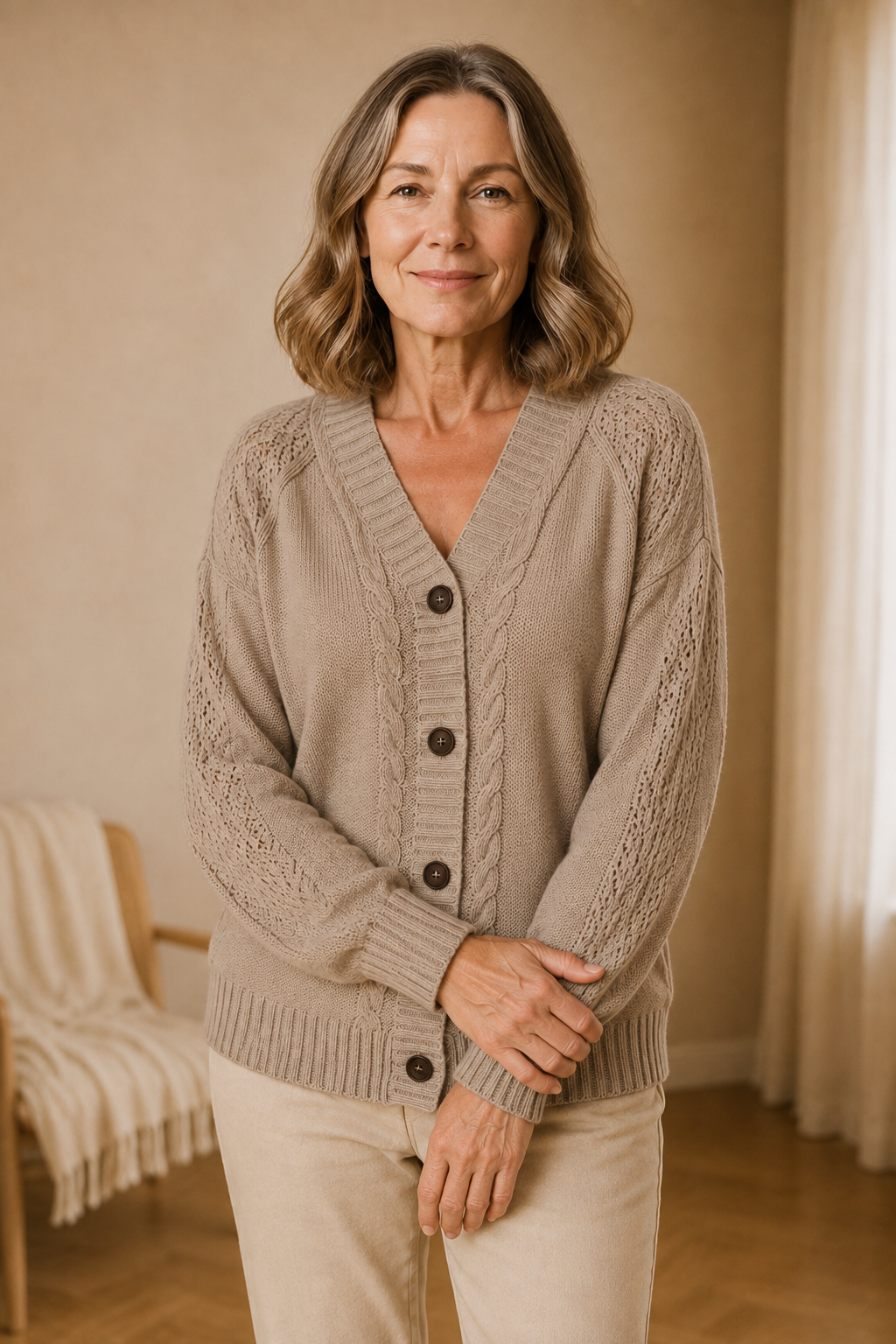 Raven | Cable Knit Button Cardigan - Beige
