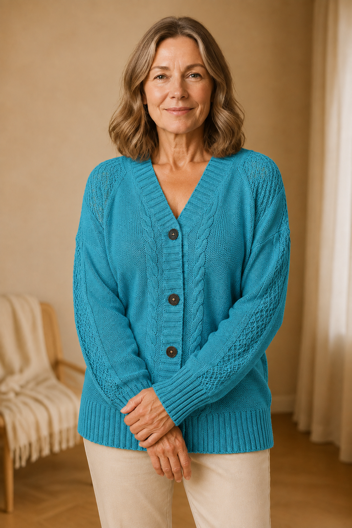 Raven | Cable Knit Button Cardigan - Blue