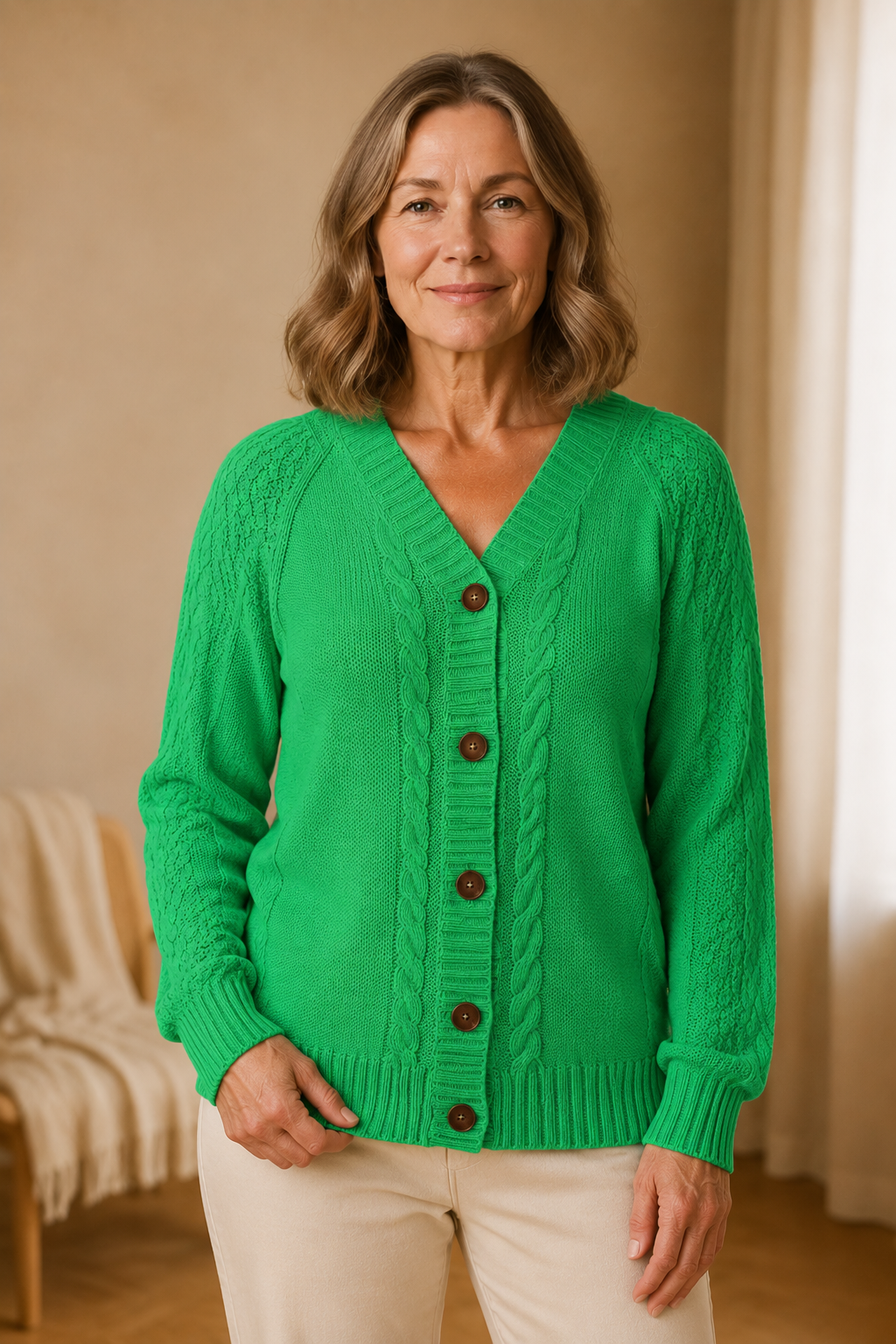 Raven | Cable Knit Button Cardigan - Green