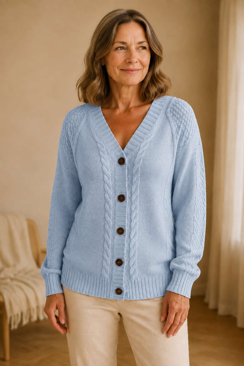 Raven | Cable Knit Button Cardigan - Light Blue