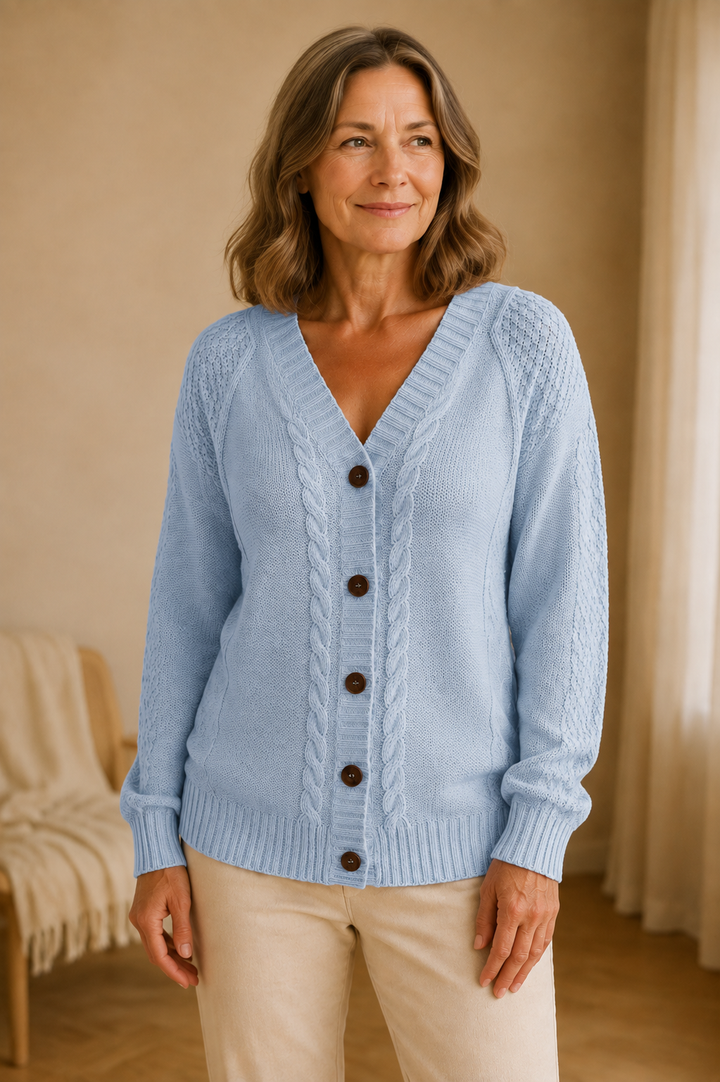 Raven | Cable Knit Button Cardigan - Light Blue