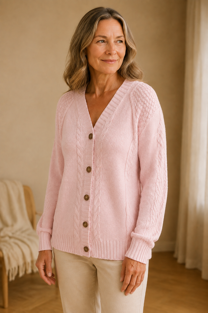 Raven | Cable Knit Button Cardigan - Light Pink