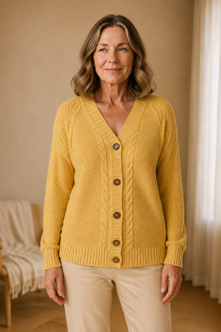 Raven | Cable Knit Button Cardigan - Yellow