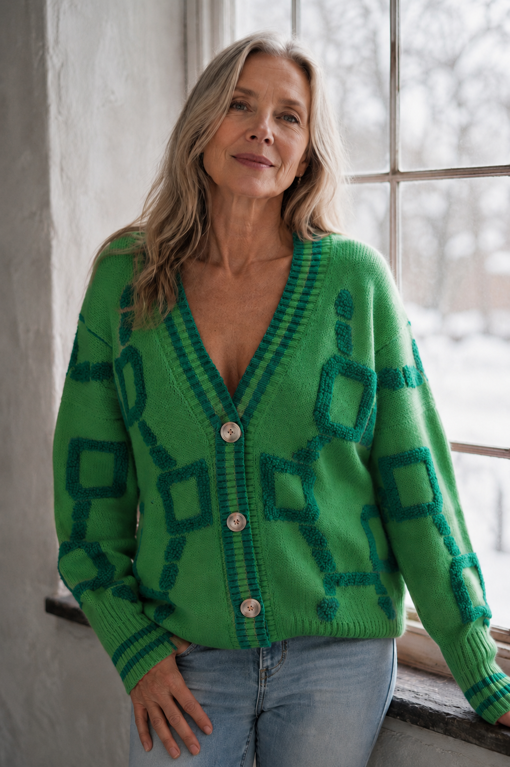 Reese | Color Block Plush Cardigan - Green