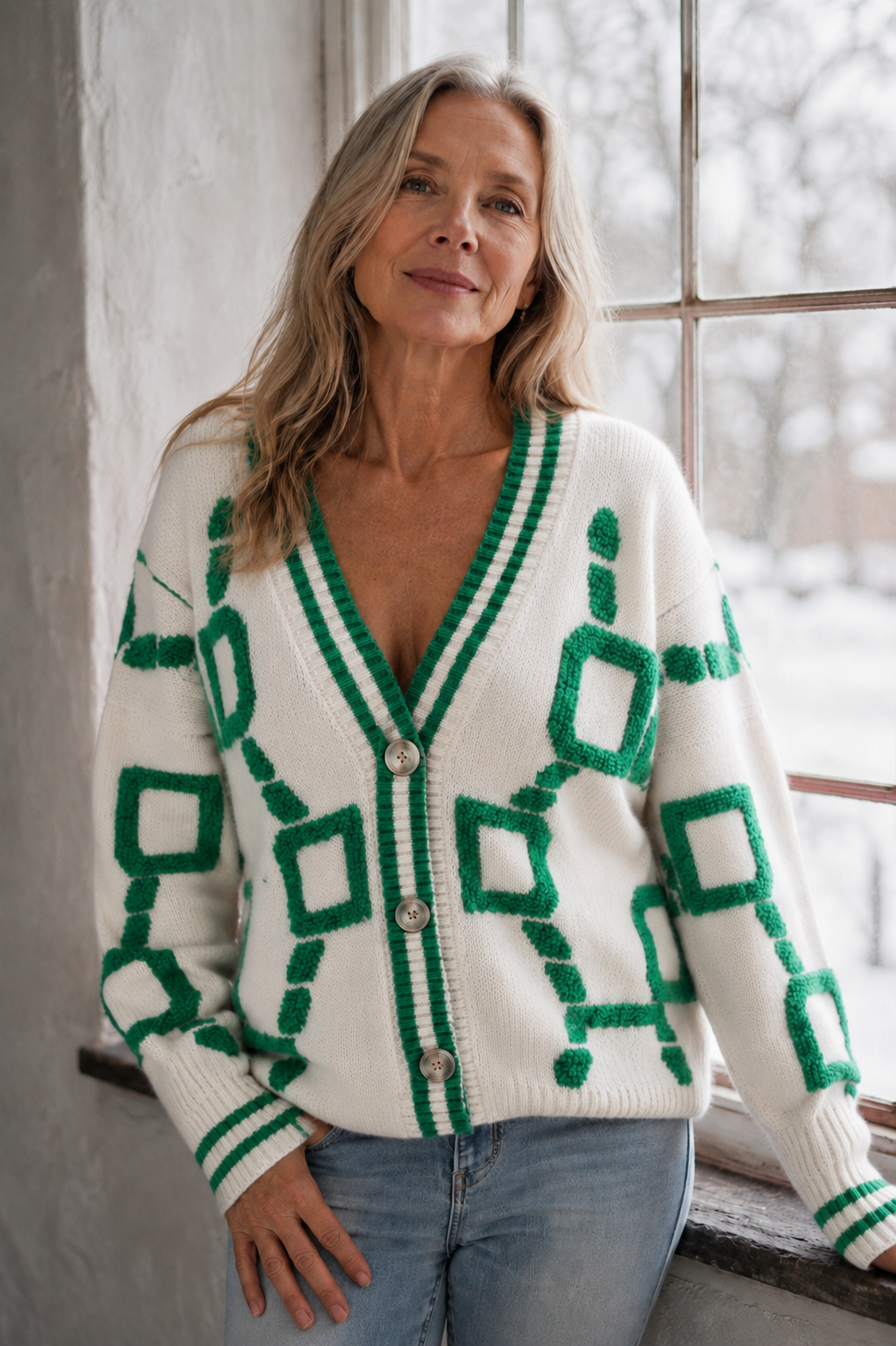Reese | Color Block Plush Cardigan - White