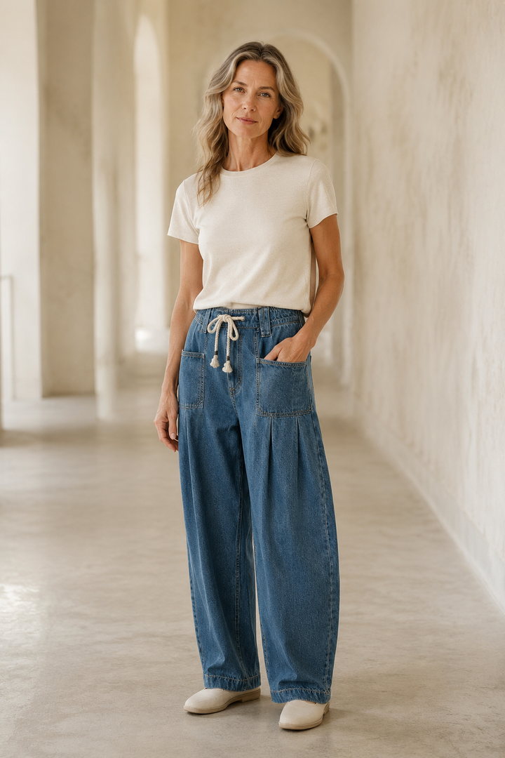 Relaxed Cotton Denim Drawstring Pants