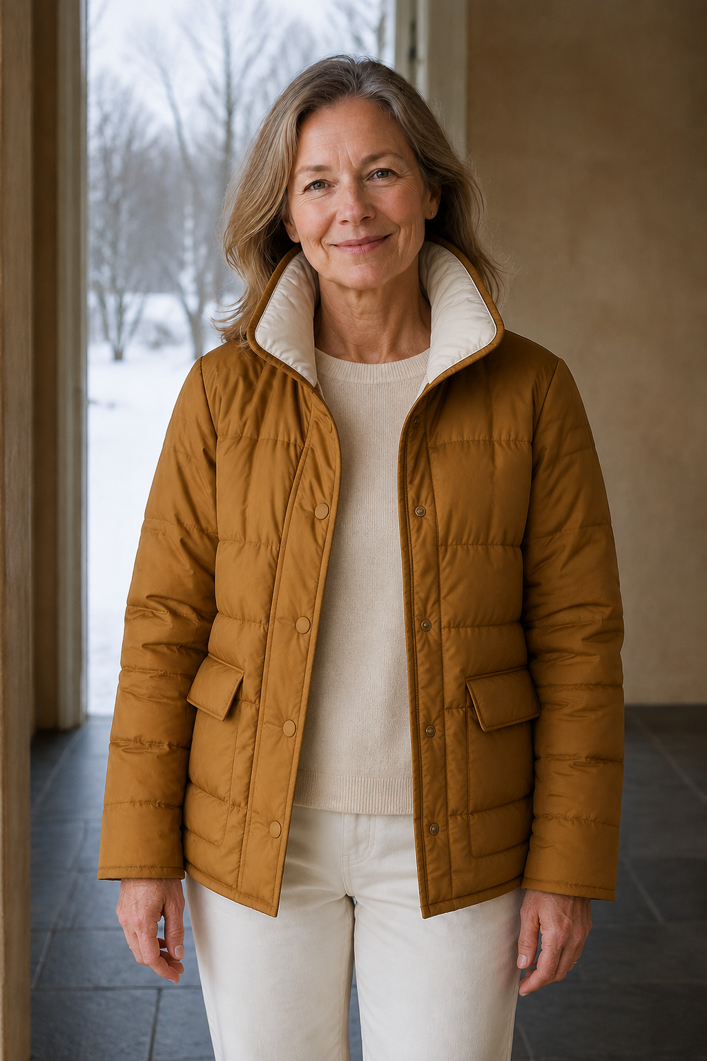 Reversible quilted down jacket open