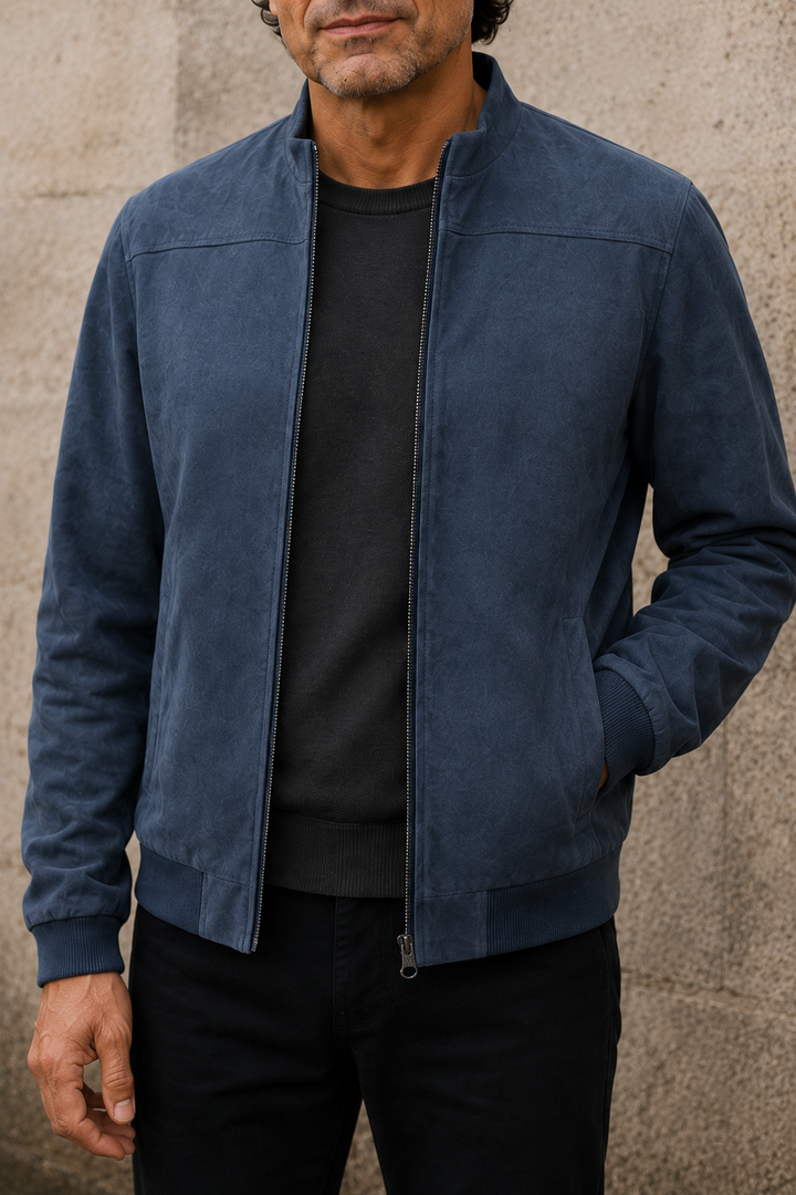 Ribbed Hem Suede Bomber Jacket - detail