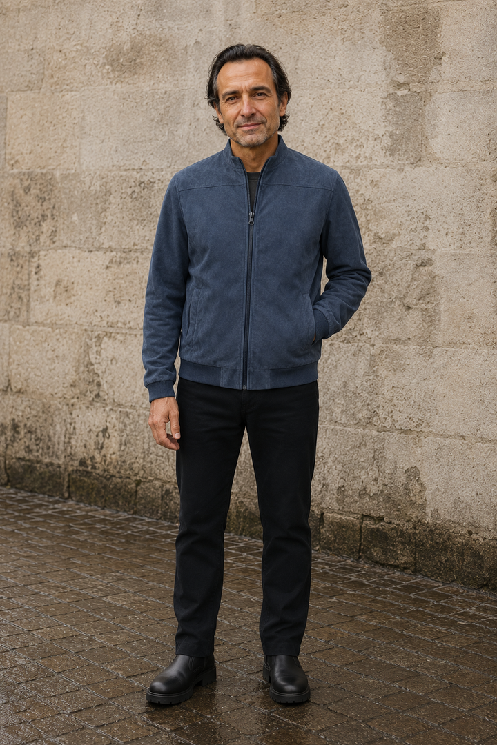 Ribbed Hem Suede Bomber Jacket - voorkant gesloten