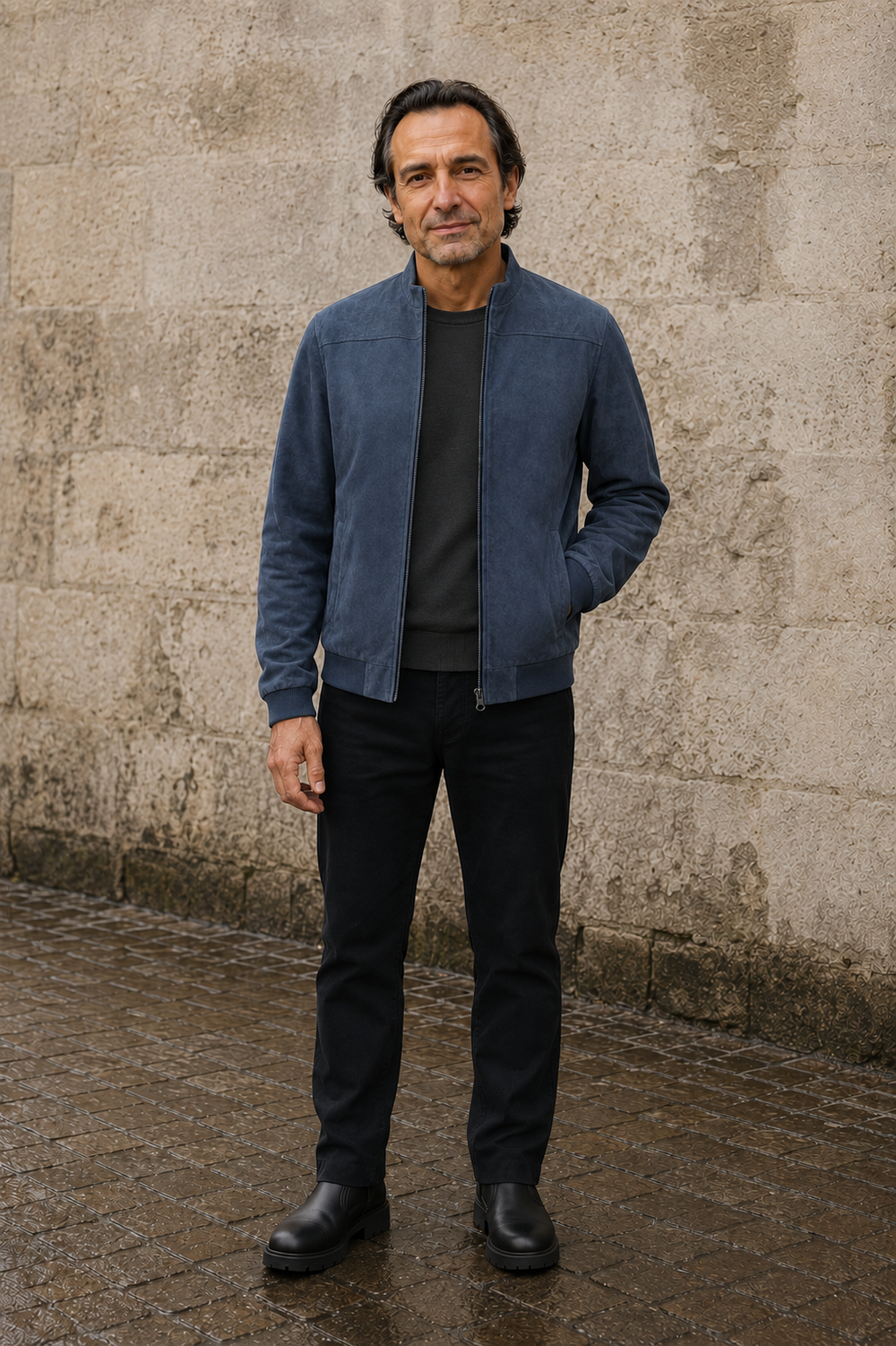 Ribbed Hem Suede Bomber Jacket - voorkant open