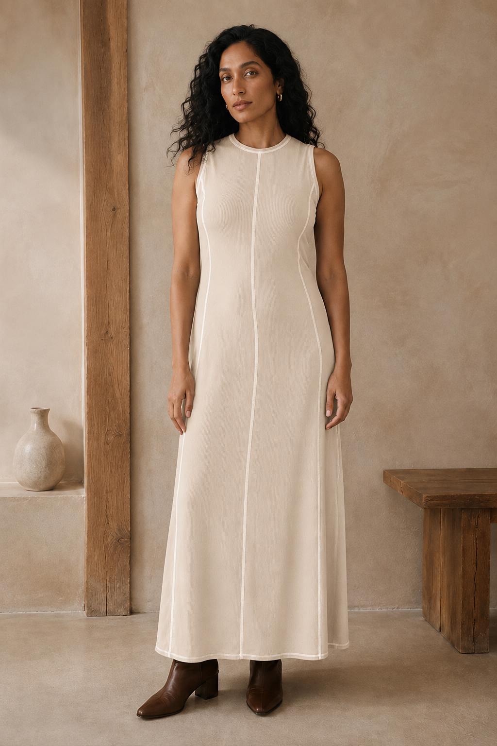 Ribbed Knit Sleeveless Maxi Dress - Beige