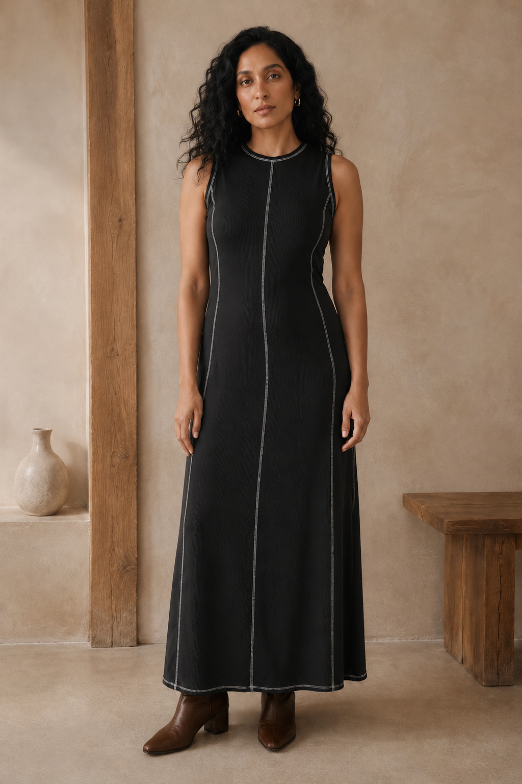 Ribbed Knit Sleeveless Maxi Dress - Black