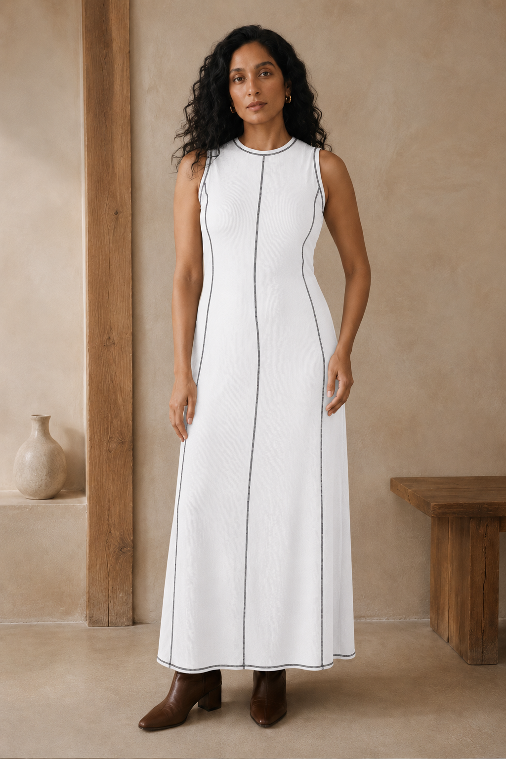 Ribbed Knit Sleeveless Maxi Dress - White
