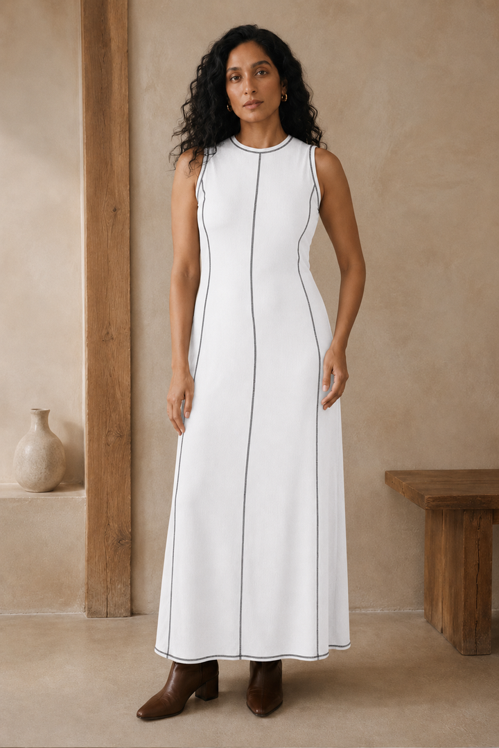 Ribbed Knit Sleeveless Maxi Dress - White