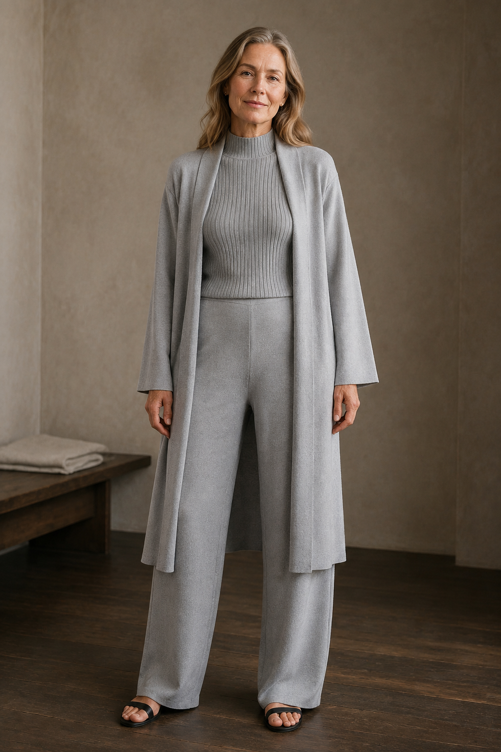 Full-length editorial image of Ribbed Knit Three Piece Lounge Set
