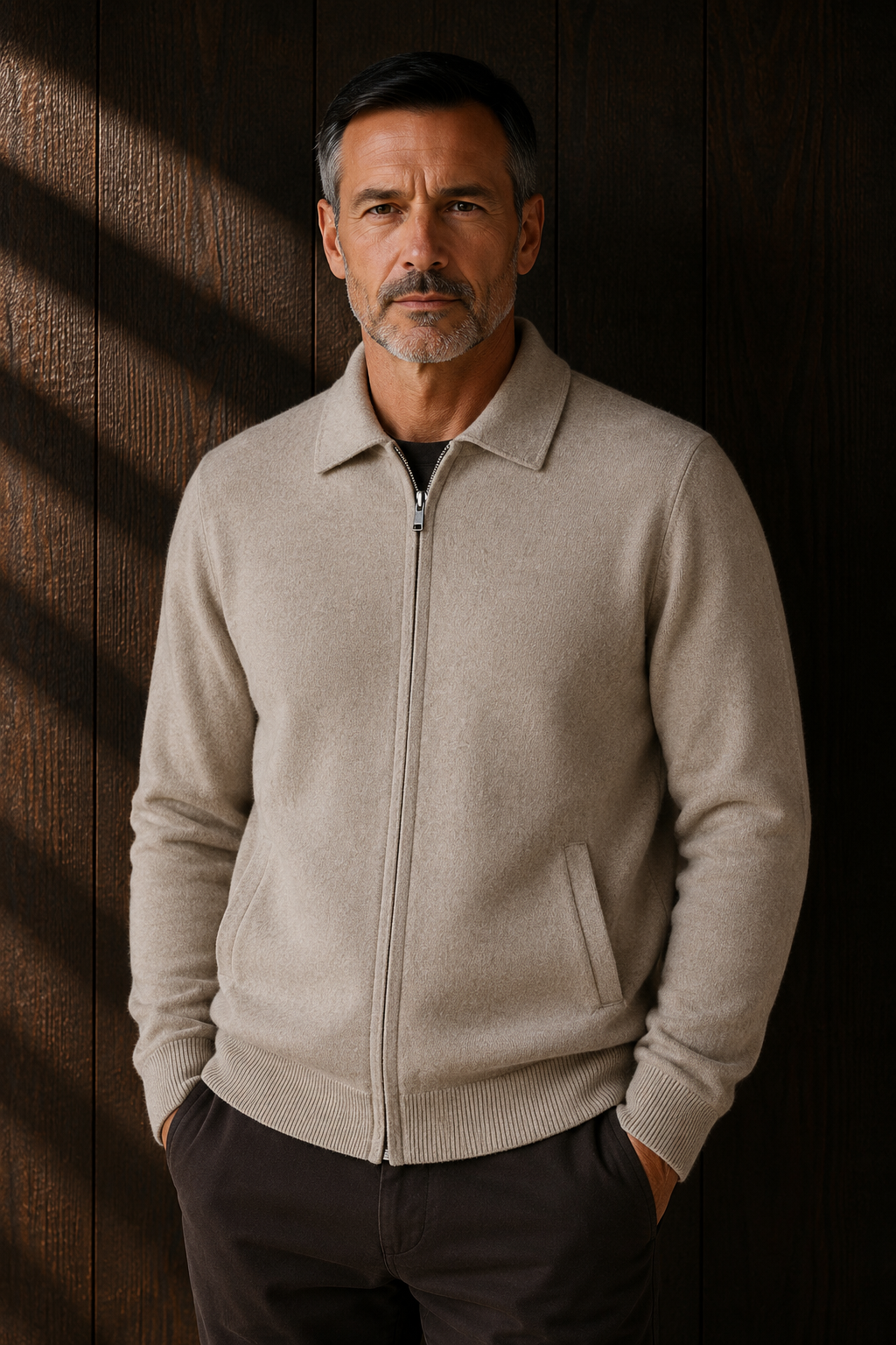Wool Blend Zip Front Cardigan - Beige