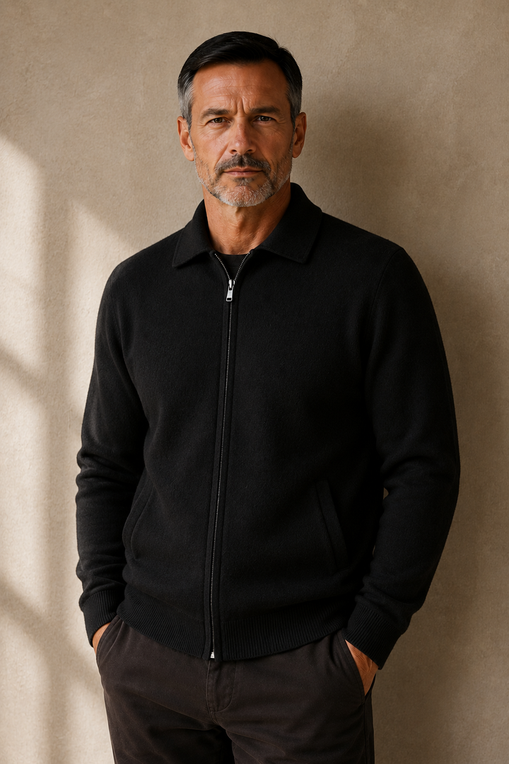 Wool Blend Zip Front Cardigan - Black
