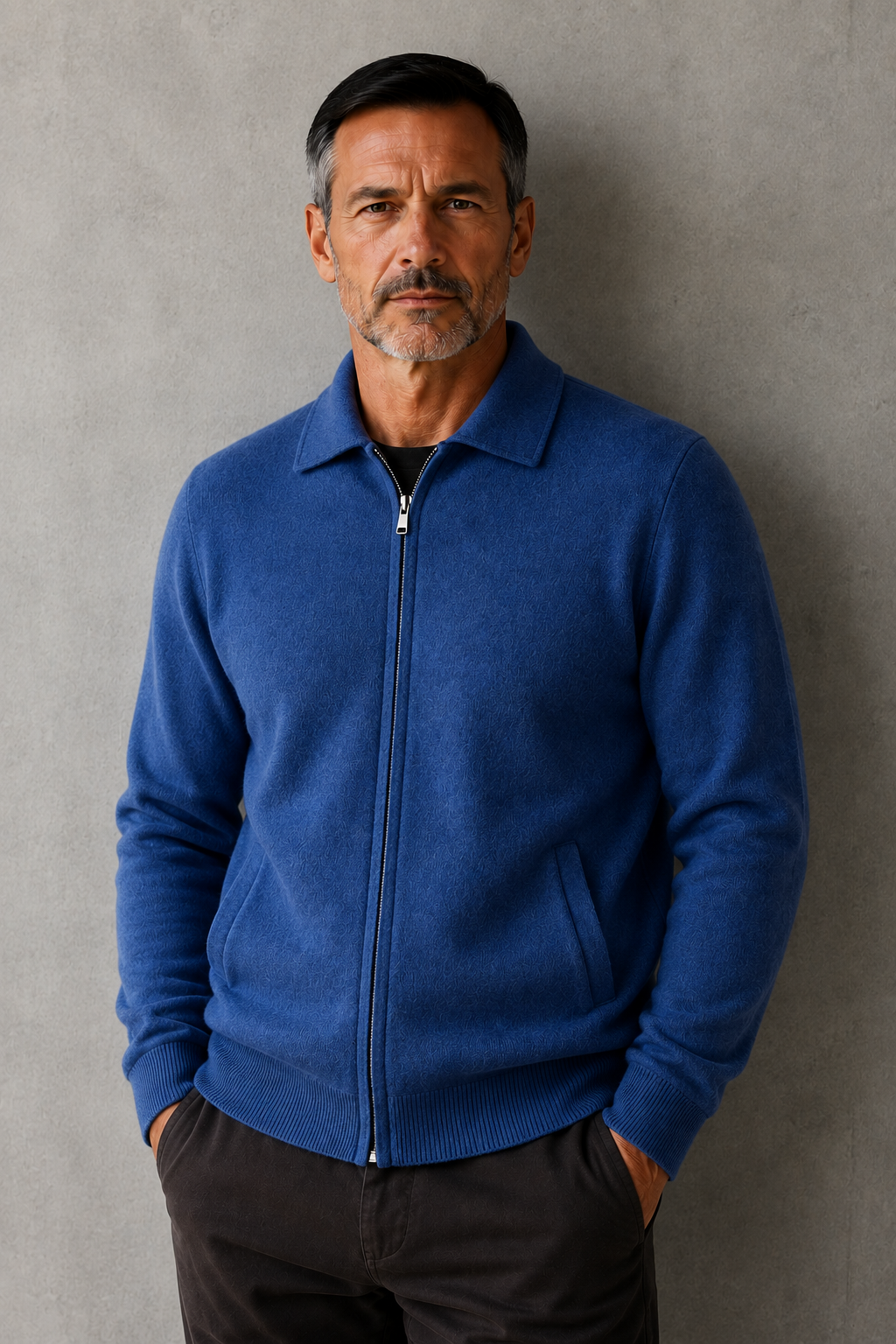 Wool Blend Zip Front Cardigan - Blue