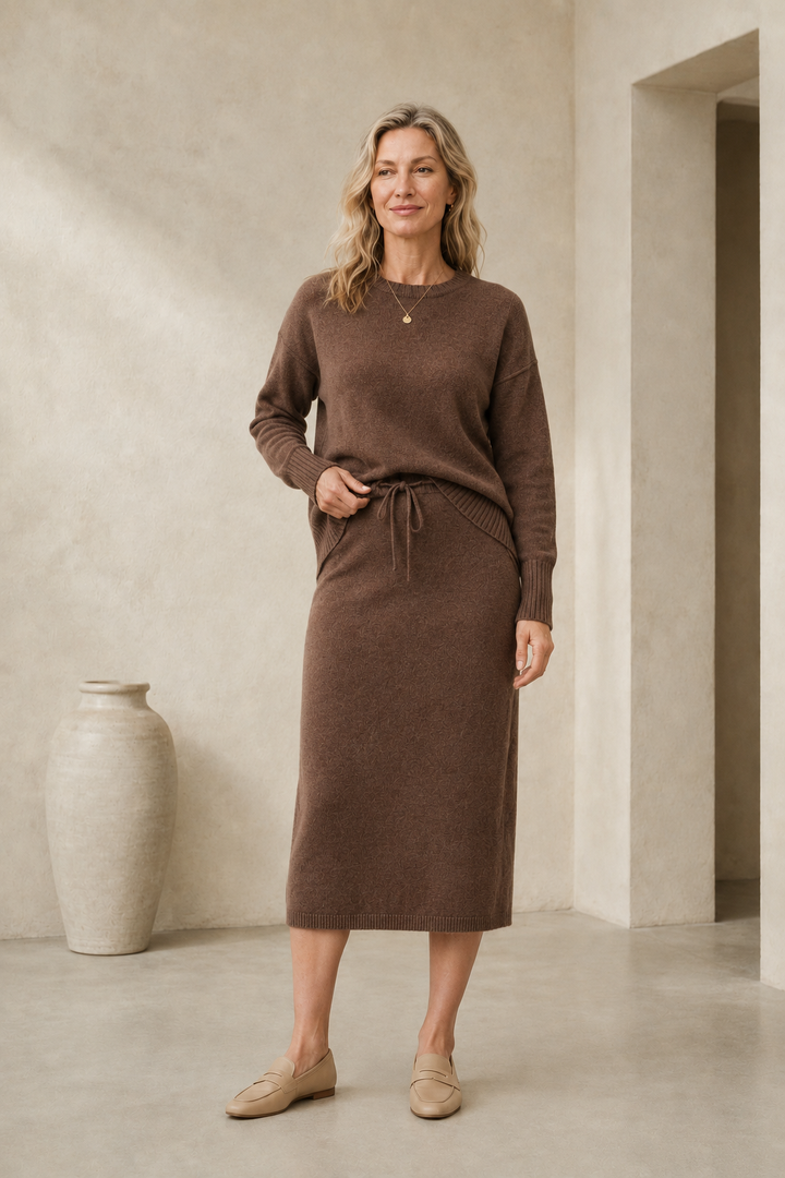 Rosette | Cotton Knit Sweater and Skirt - Brown