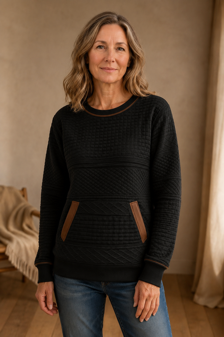 Sweatshirt with Round Neckline and Color Blocking - Black