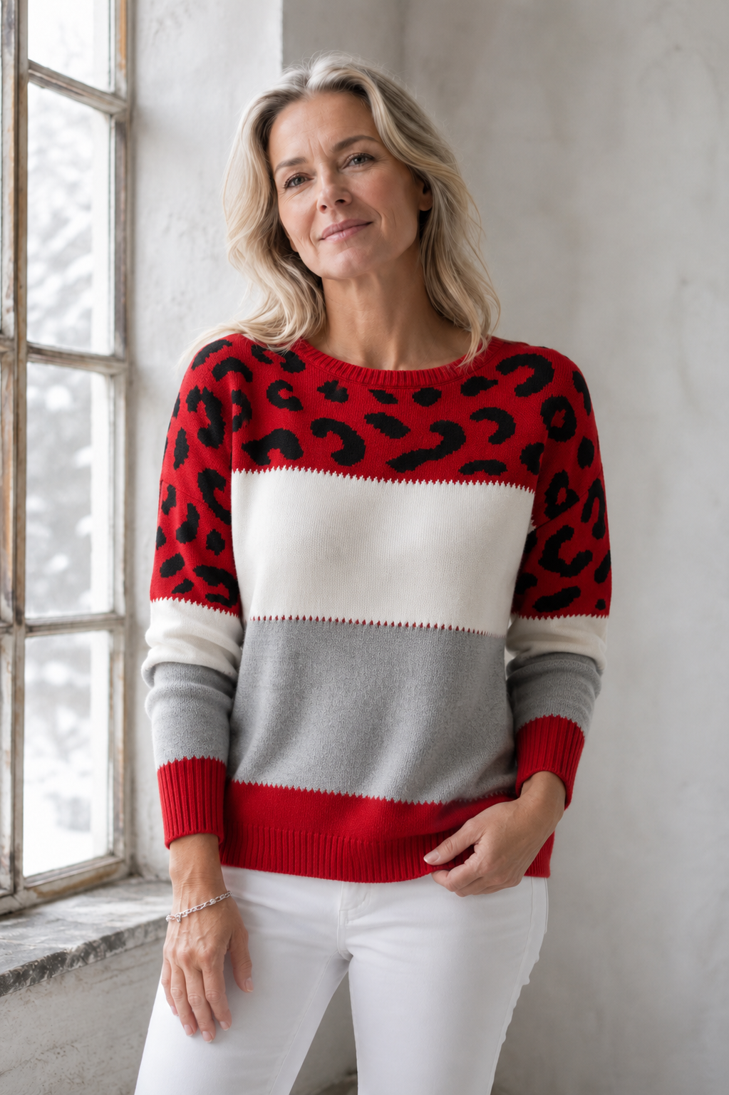 Roxanne | Leopard Print Knit Sweater - Red