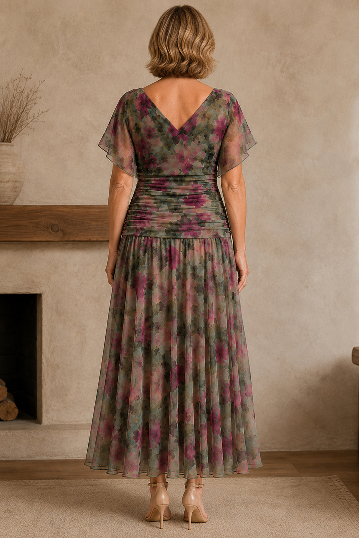 Ruched Bodice Chiffon Evening Gown back view