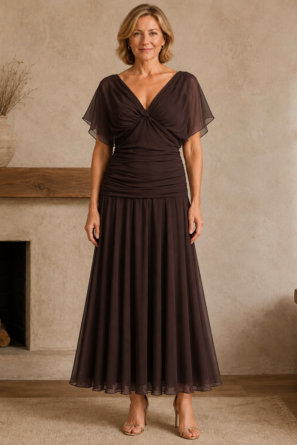 Ruched Bodice Chiffon Evening Gown - Brown