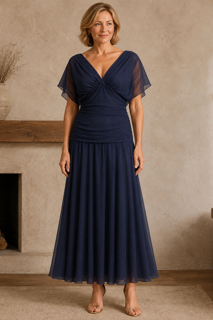 Ruched Bodice Chiffon Evening Gown - Dark Blue