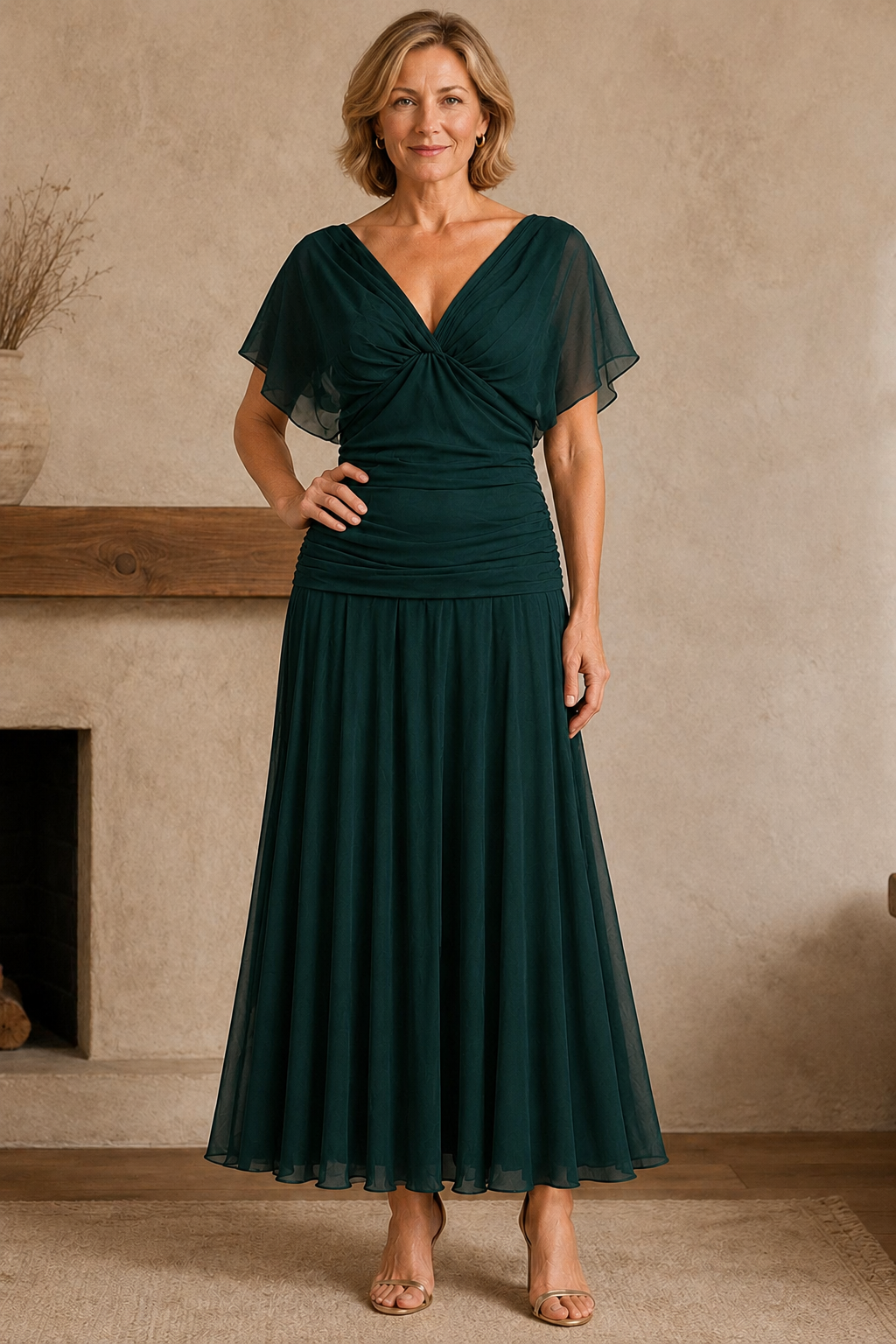 Ruched Bodice Chiffon Evening Gown - Dark Green