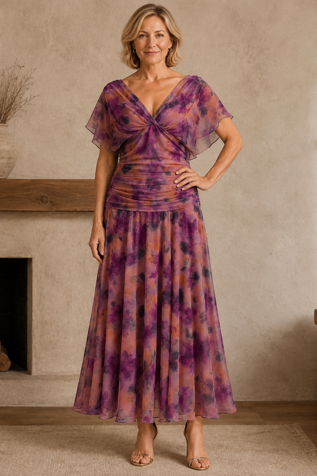 Ruched Bodice Chiffon Evening Gown - Pink
