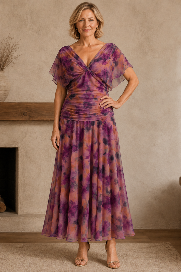 Ruched Bodice Chiffon Evening Gown - Pink