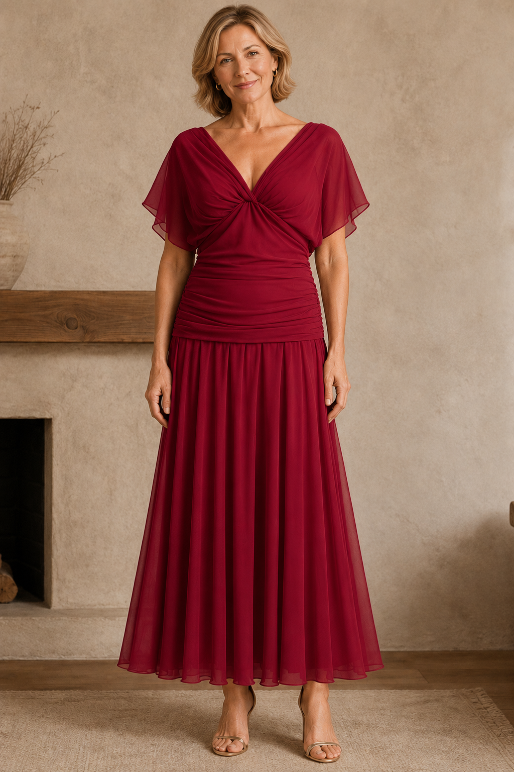 Ruched Bodice Chiffon Evening Gown - Red