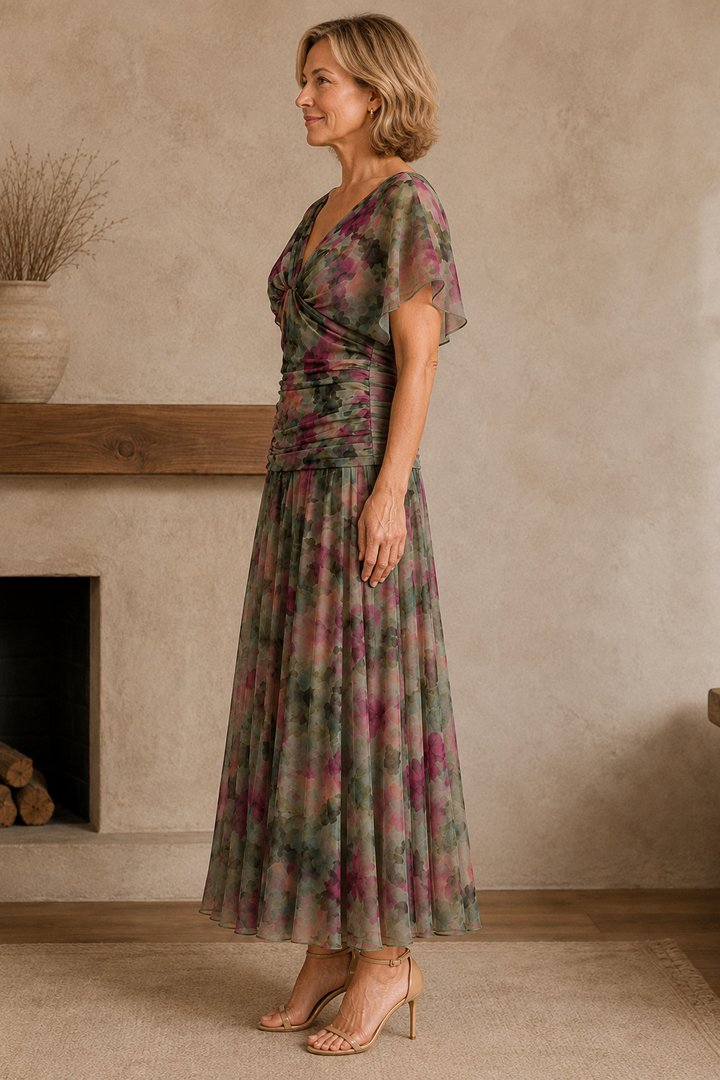 Ruched Bodice Chiffon Evening Gown side view