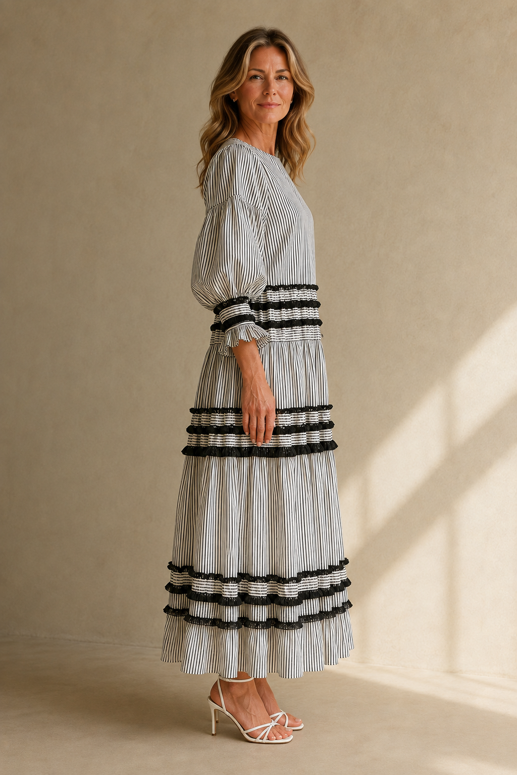 Ruffled Cotton Linen Maxi Dress - left side view