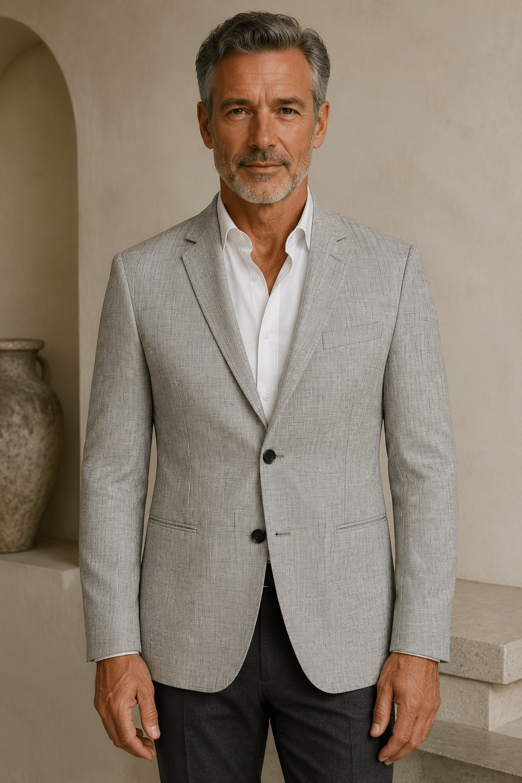 Gray cotton blend blazer color hero, direct camera gaze