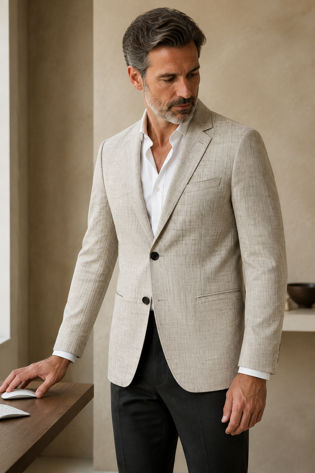 Khaki cotton blend blazer side view