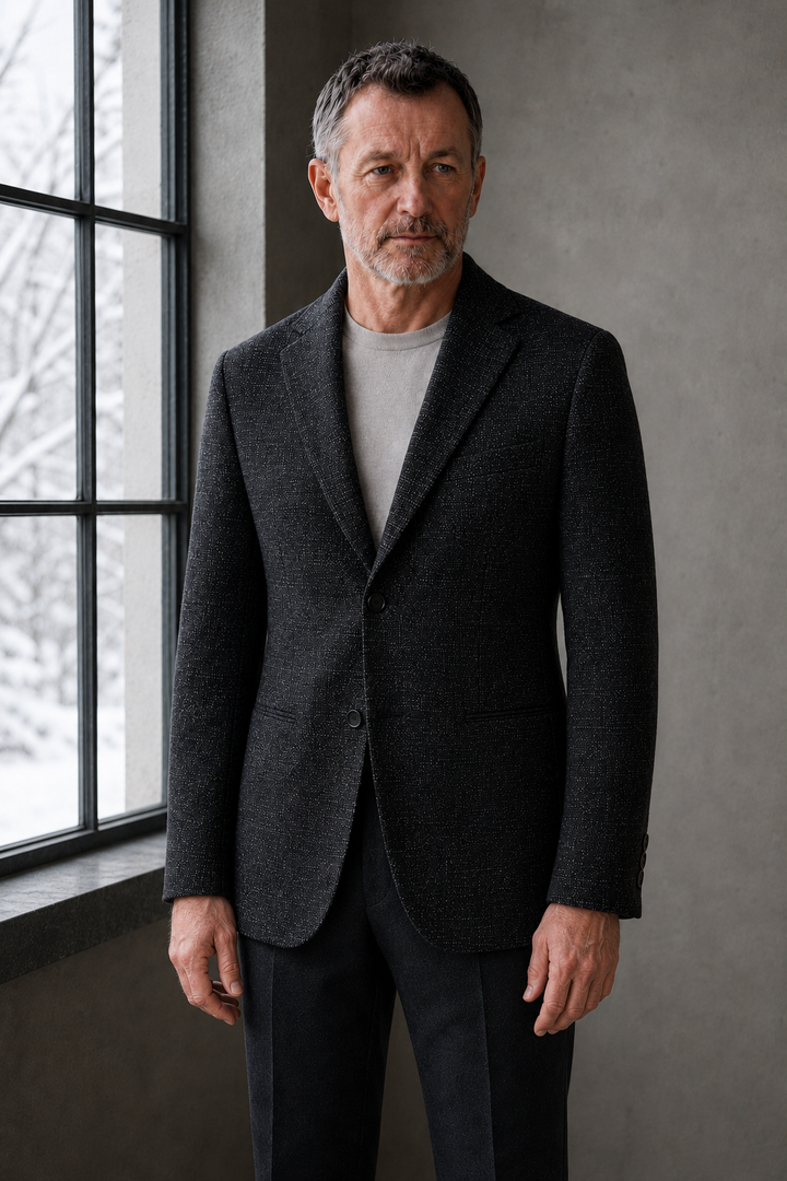 Sassicaia black blazer torso view with natural visible hands